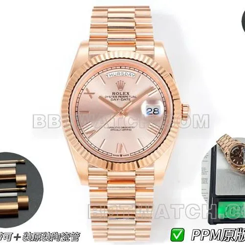 collectible watch Day-DatePPM factory Rolex mechanical pink dial Roman numerals rose goldside live photo