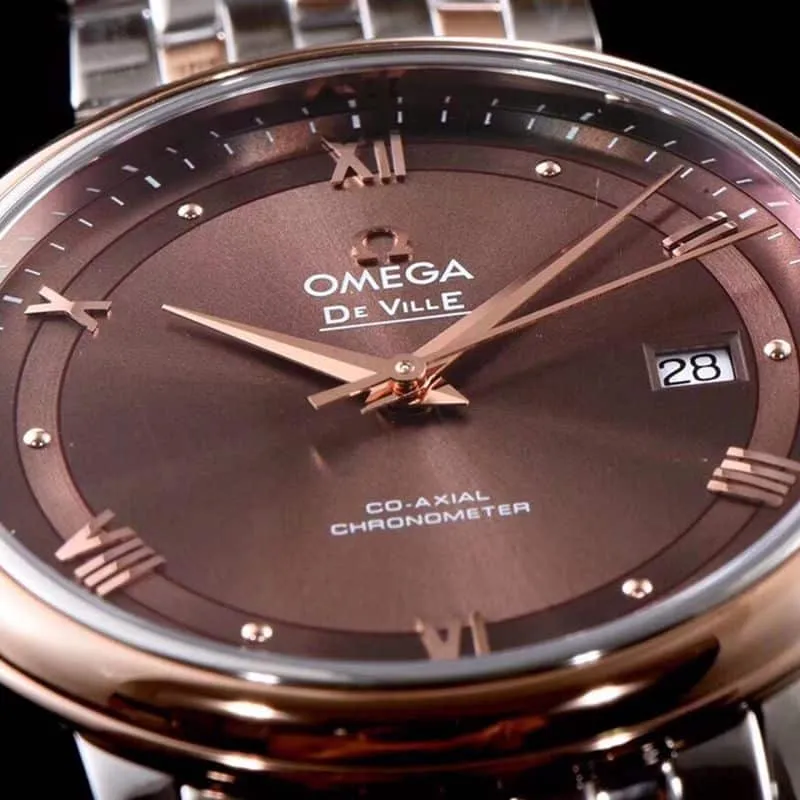Faithful imitation Omega watches Dafydd series men's mechanical ultra-thin watch between rose gold steel belt coffee face front view