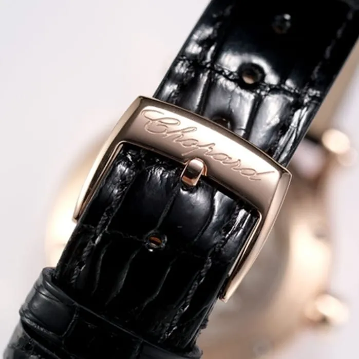 top-tier watch Chopard women's gold plate black belt happy diamond series leather strap watch front view
