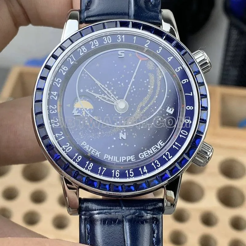 Patek Philippetop-tier watch 3K Factory super complication timepiece blue dial blue diamond bezelleather strap model side live photo