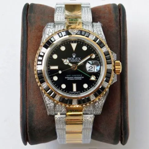 Rolextop-tier replicaGMT-Master type II watch with diamonds on the back, customized version, luxurious, sparkling, classic and trendy, front view