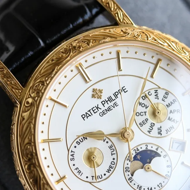 top-tier replicaPatek Philippehigh-quality watch men's black dial black belt pure handmade-engraved 42mm mechanical leather strap watch movement picture