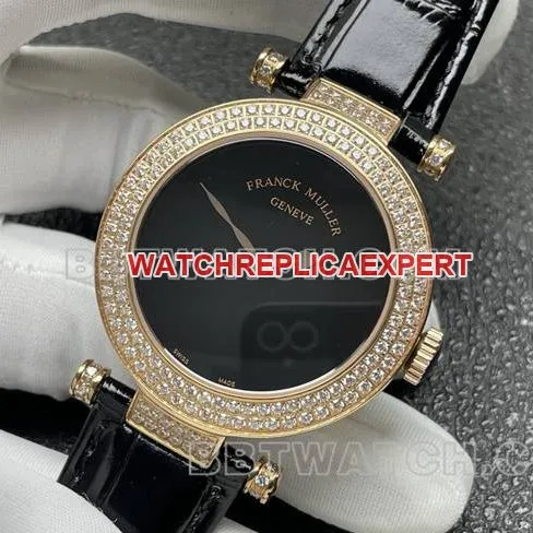 Franck Muller top-tier watchquartzABF factory black dial gold diamond bezel black leather braceletcaseback live photo
