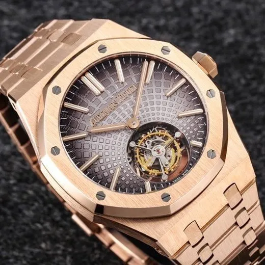 The top-tiersuper cloneR8 factory recently released the new 2022 Audemars Piguetrose gold gray dial Royal Oak self-winding tourbillon watch front view