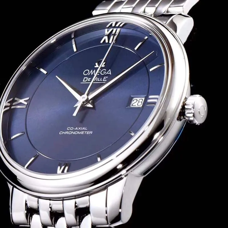 Super cloneOmegatop-tier watch De Ville series men's mechanical ultra-thin watch white steel blue front cover picture