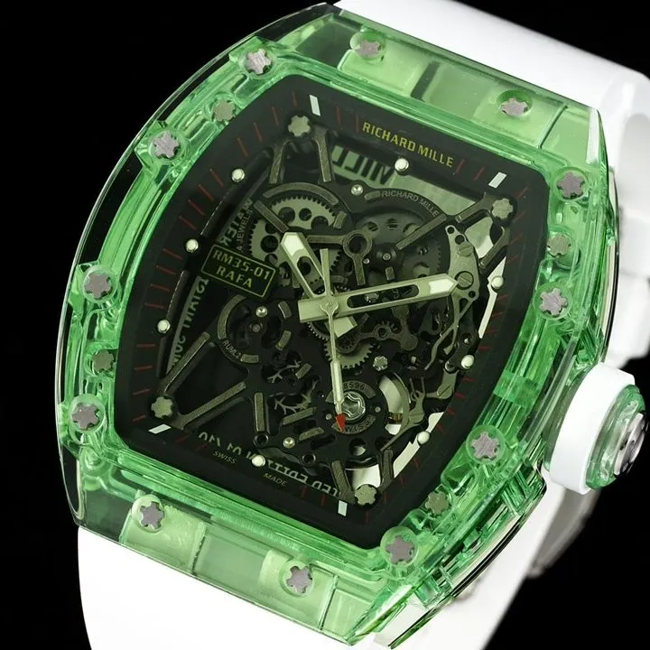 Richard Mille men's top-tier watch green transparent hollow plate rubber model RM35-01front live photo