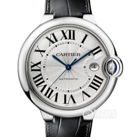 af factory blue balloon Cartier1:1replica watch white dial black leather bracelet front view