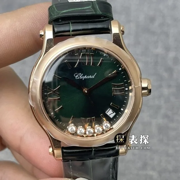 YF factory Chopard ladies happy diamond top-tier 1:1high-quality watch green mother-of-pearl plate leather strap model pictures and prices side live photo