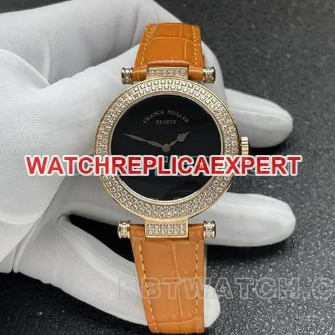 watch frank mill quartz ABF factory black dial gold diamond bezel orange leather braceletcaseback live photo