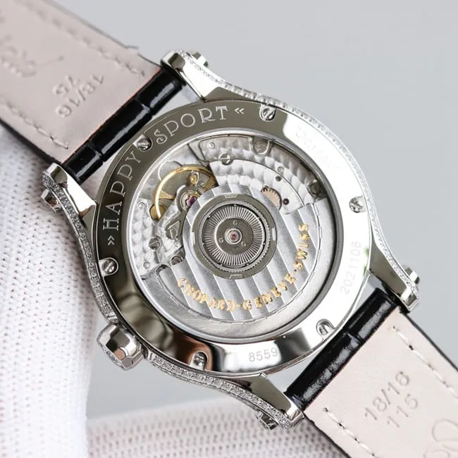 Chopardtop-tier watch chopard Happy Sport series full automatic movement women's white dial black belt front view