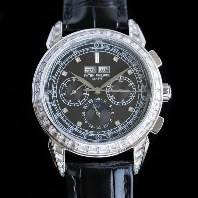 PFF factory top-tier watch Patek Philippe men's black dial black belt super complex function chronograph series leather strap watch clasp picture
