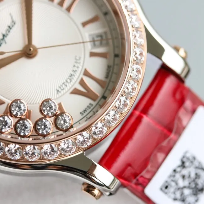 top-tier watch Chopard women's white dial red band happy diamond series leather strap mechanical watch front view