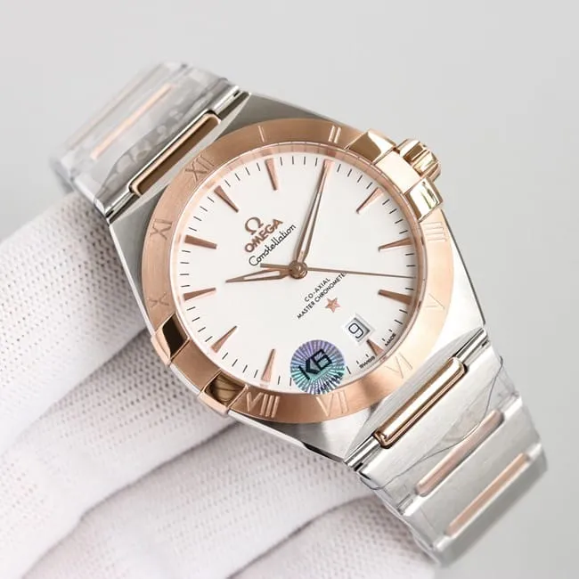 top-tier replicaOmega fifth generation constellation series white dialrose gold silver steel bracelet men's watch movement picture