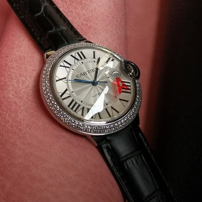 top-tier watch Cartier men's white dial blue balloon series mechanical leather strap watch clasp picture