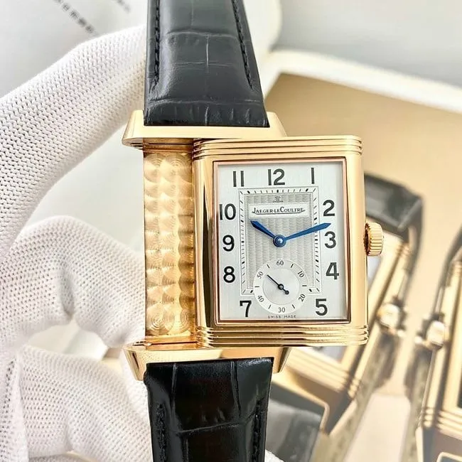 Jaeger-LeCoultretop-tier watch men's flip series white dial black belt manual winding watch clasp picture