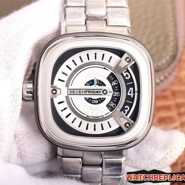 watch seven day display five SEVENFRIDAY/automatic movementmen's watch Swiss steel bracelet large dial white front view