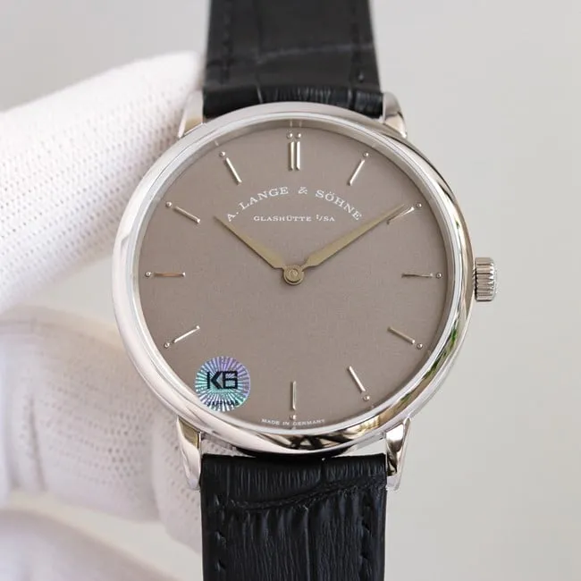 top-tier Lange SAXONIA series two-hand silver steel case watch side view