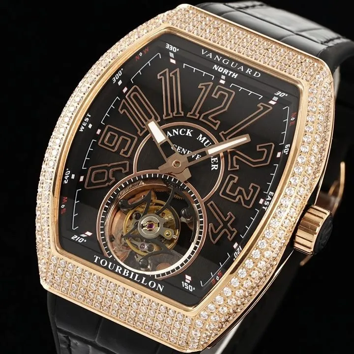 RMS factory Frank Muller men's top-tier watch black dialrose gold diamond leather strap model V 45 T D (NR) front live photo