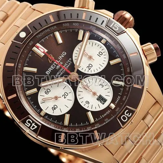 Breitling1:1replica watch TF factory mechanical chronograph brown plate 44mm rose goldsteel bracelet bracelet live photos