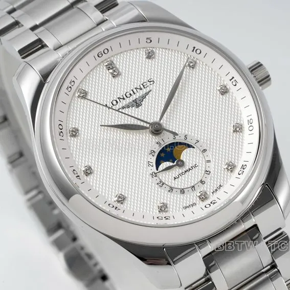 APS factory Longines watchmaking traditional top-tier 1:1super clonesilver dialmoon phasesteel bracelet model L2.909.4.77.6front live photo