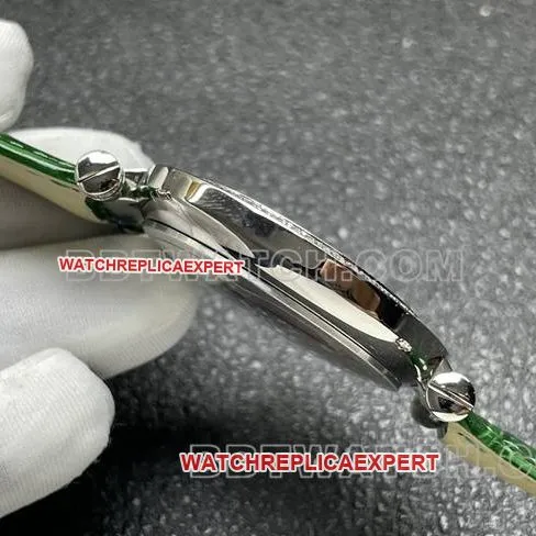 collectible watch frank mill quartz ABF factory black dialdiamond bezel green leather braceletside live photo