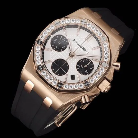 Side View of a Top-Quality Audemars Piguet: Audemars Piguet Royal Oak Rose Gold Case Women's Multifunction Mechanical Chronograph Watch