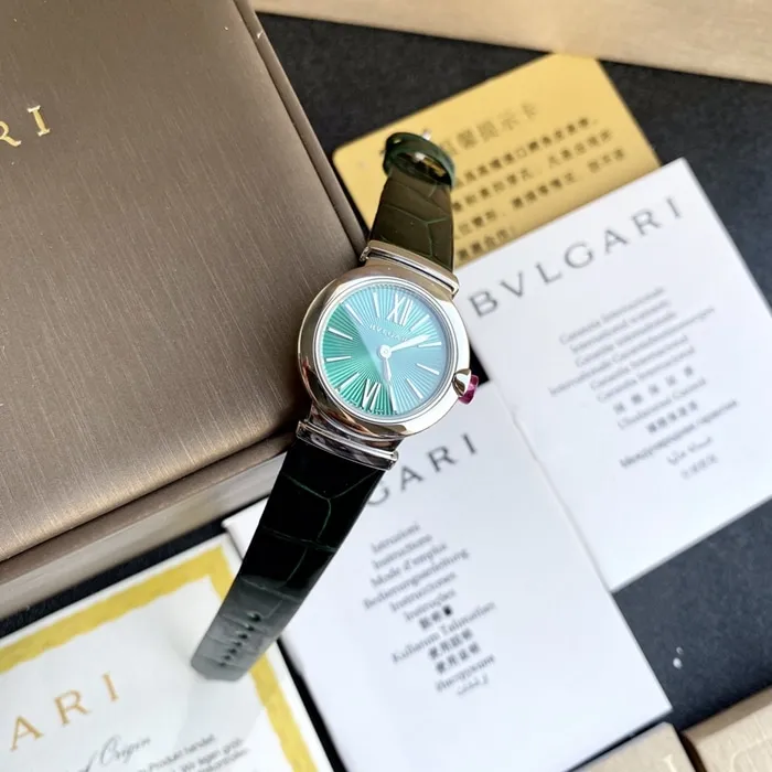 top-tier watch Bvlgari women's blue dial green strap LVCEA series quartzleather strap watch clasp picture