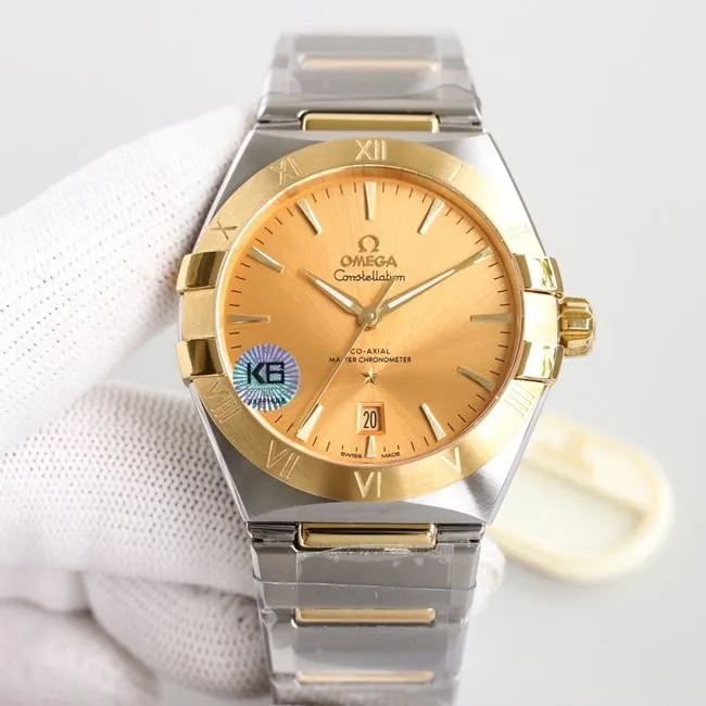 Top Omega 5th Generation Constellation Series Gold Plate Gold Silver Steel Strap Men's Earth Watch Buckle Figure