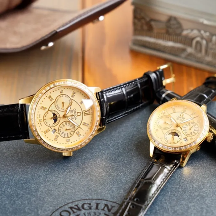 Side view of Omega complex function chronograph series perpetual calendar couple's watch