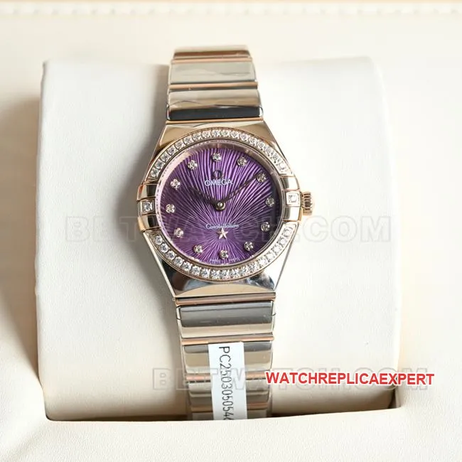 collectible Watch Omega Constellation Purple Dial 28mm Quartz Buckle Real Photos