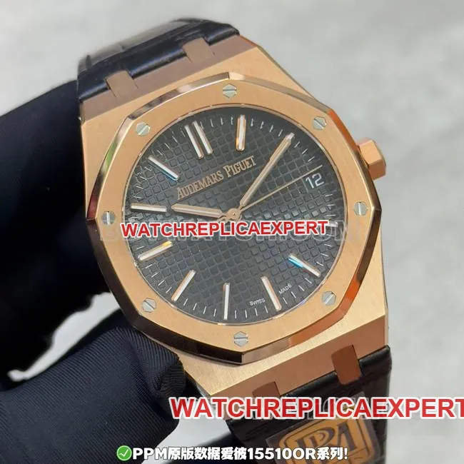 top-tier watch PPM factory Royal Oak Audemars Piguetblack dialrose gold leather bracelet weight live photos