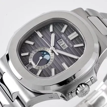 PPF Factorytop-tier replicaPatek Philippe men's black dialsteel braceletRef.5726/1A Nautilus series annual calendar automatic movement watch side view