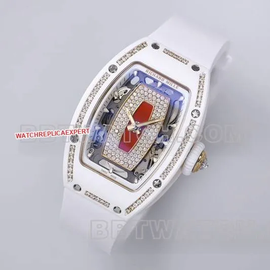 Richard Mille Watch ZF Factory White Ceramic Red Plate Diamonds Mechanical Watch RM07-1 Front Actual Picture