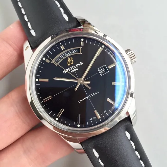 V7 factory top-tier Breitling super A watch men's black dial black belt new overseas series Day-Date type mechanical leather strap watch side view