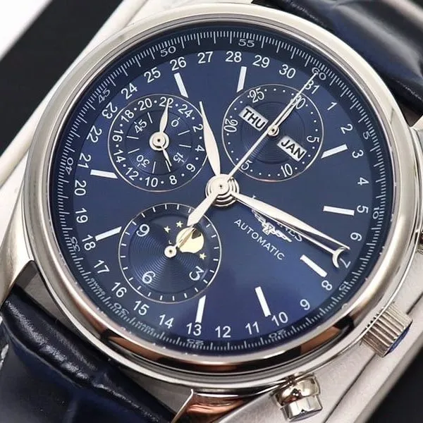 GL factory Longinessuper watch famous eight-pin moon phase7751blue dialleather strap front view
