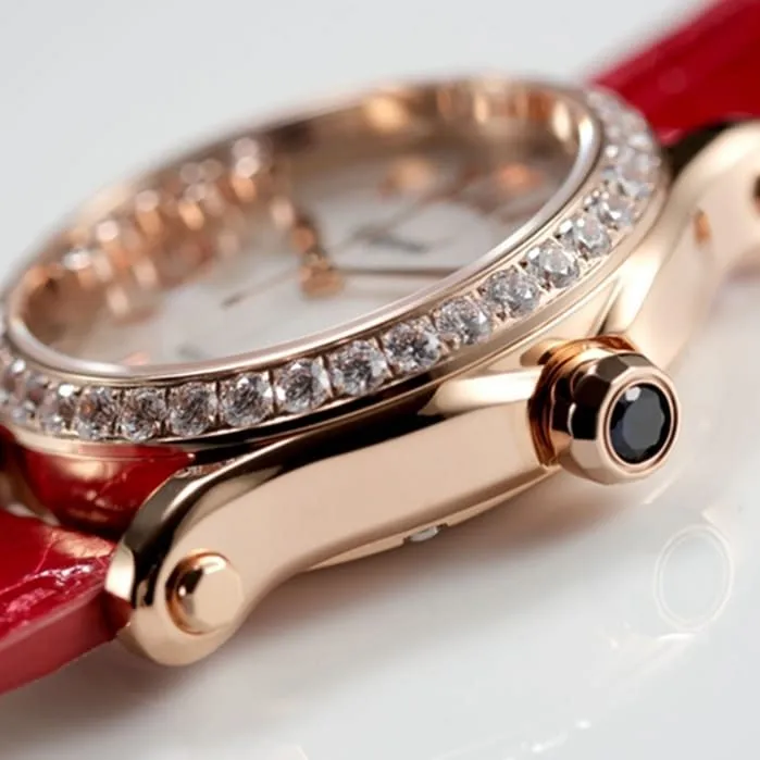 top-tier watch Breitling women's white dial red band happy diamond series mechanical watch front view