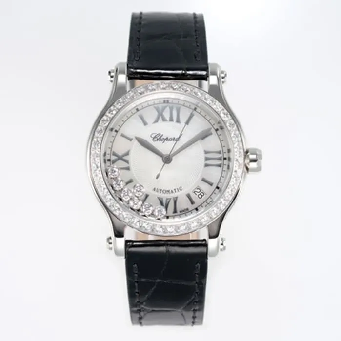 top-tier watch Chopard women's white dial black belt Happy Diamonds series watch side view