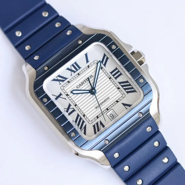 top-tiersuper cloneCartierGF Santos rubber strap men's watch side view