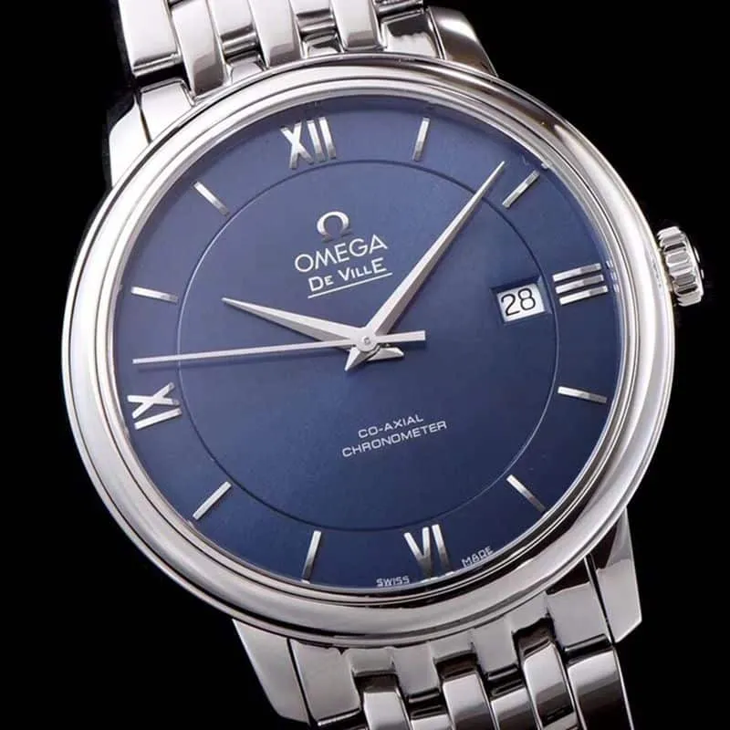 super cloneOmegatop-tier watch De Ville series men's mechanical ultra-thin watch white steel blue face front view