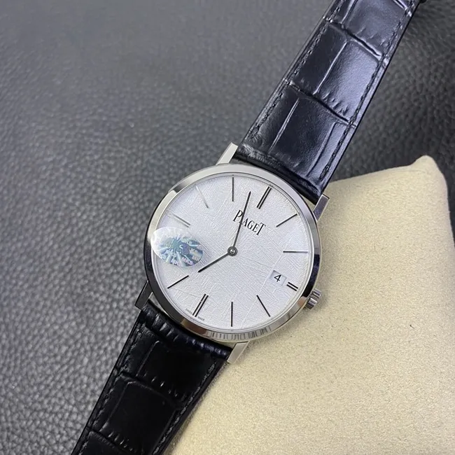 MKS Factorytop-tier watch Piaget men's white dial black belt ultra-thin series leather strap watch clasp picture