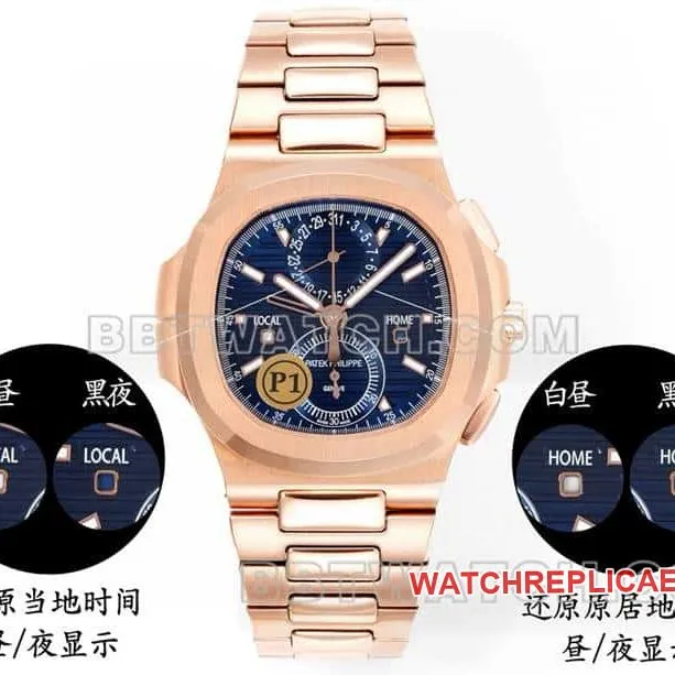 Sports elegant collectible watches P1 factory Patek Philippe blue disk rose gold mechanical steel belt models 5990 buckle real photo