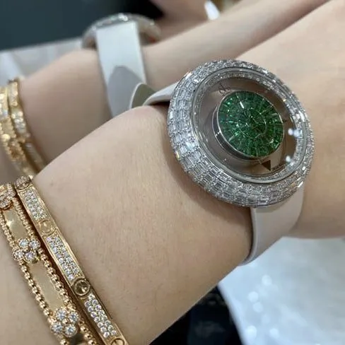 top-tier Jack Bao watch green dial white leather strap ladies quartz front view