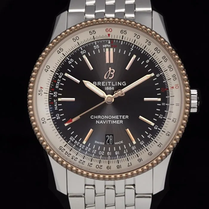 Top-tier watch Breitling men's black dial aviation chronograph1 series steel bracelet watch back cover picture