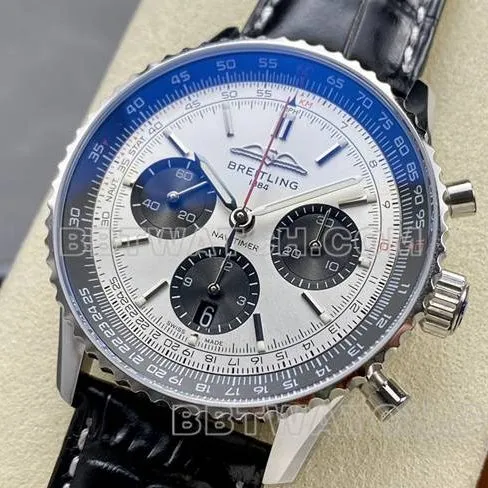 watch BLS factory aviation chronographBreitling silver gray plate brown leather strap model front live photo