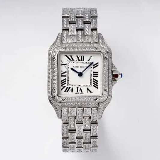 Cartiertop-tier watch cheetah full diamond series ladies steel bracelet mechanical white dial watch side view
