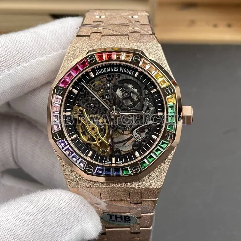 Audemars Piguet watch THB factory Royal Oak rainbow diamond bezel frost gold rose goldsteel bracelet model 15412braceletlive photos