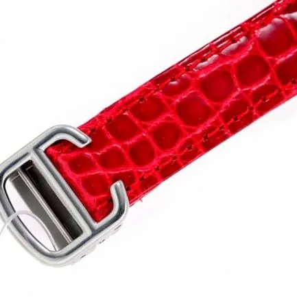top-tier replicaCartier women's red plate red band blue balloon series quartzleather strap watch side view