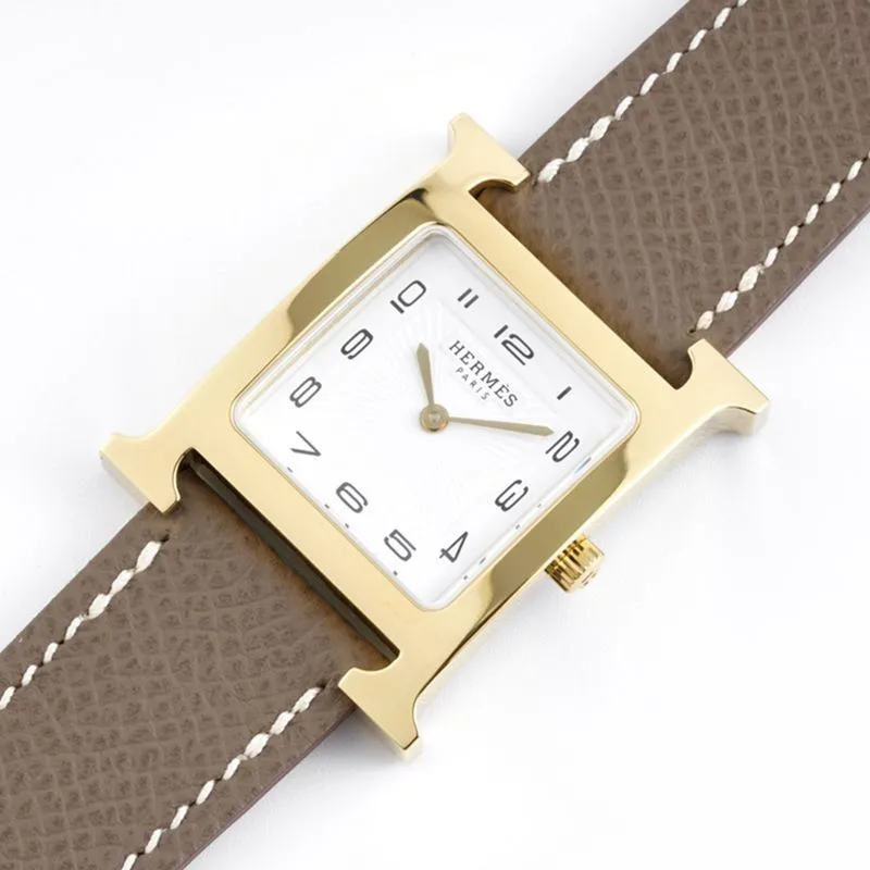 top-tiersuper cloneHermès ladies' watchHeureH series quartz square fashion watch brown braceletrose gold dial back cover picture