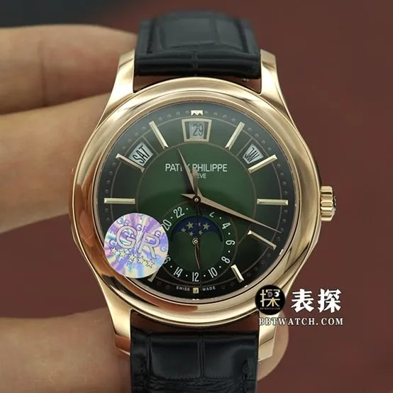 GR factory complications Patek Philippe1:1replica watch olive green dialrose goldleather strap model 5205R-011side live photo