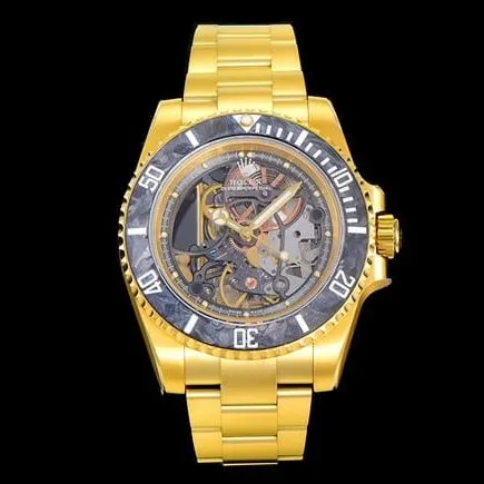 Rolextop-tier watch fully empty Submariner series men's black dial gold belt automatic movement watch movement picture